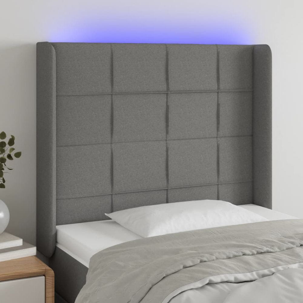 Vidaxl Čelo postele s LED tmavosivé 93x16x118/128 cm látka
